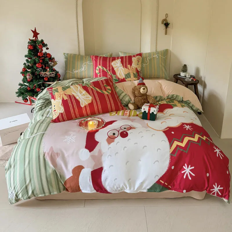 Christmas cartoon character bedding set with duvet cover, fitted sheet and pillowcases laid on a bed