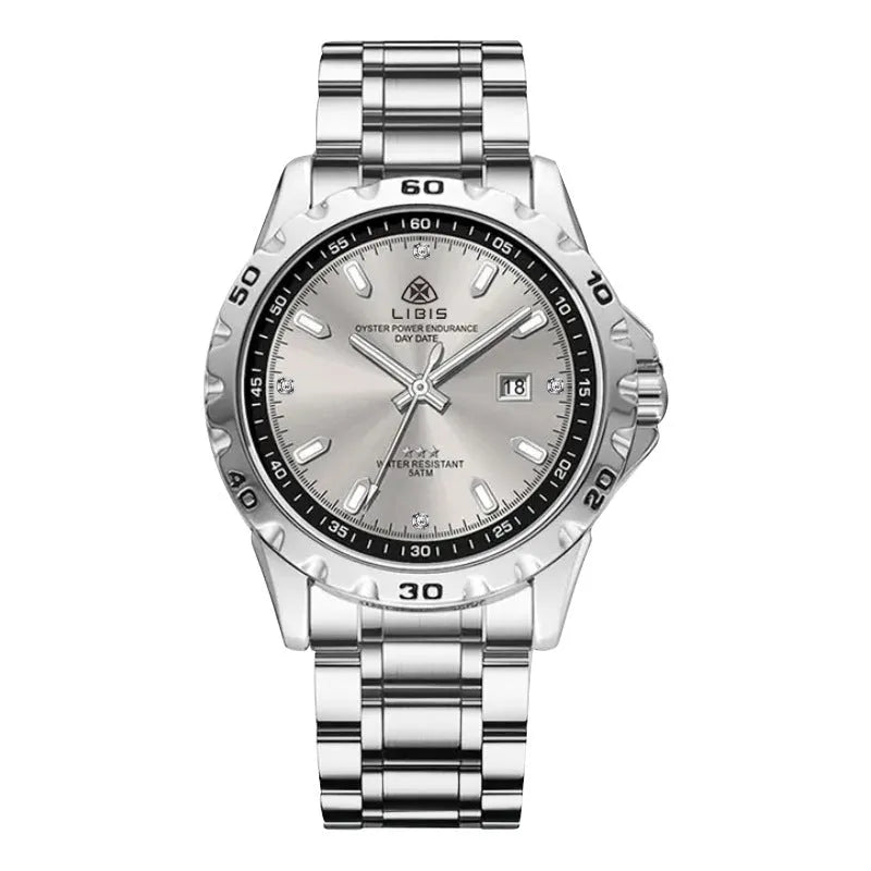 Silver men's quartz watch with luminous hands and stainless steel strap on wrist
