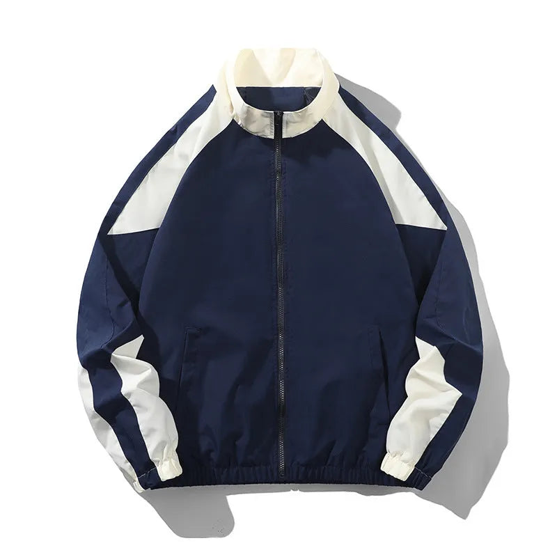 Men's black casual jacket with contrast stitching and side seam pockets, shown on a model.