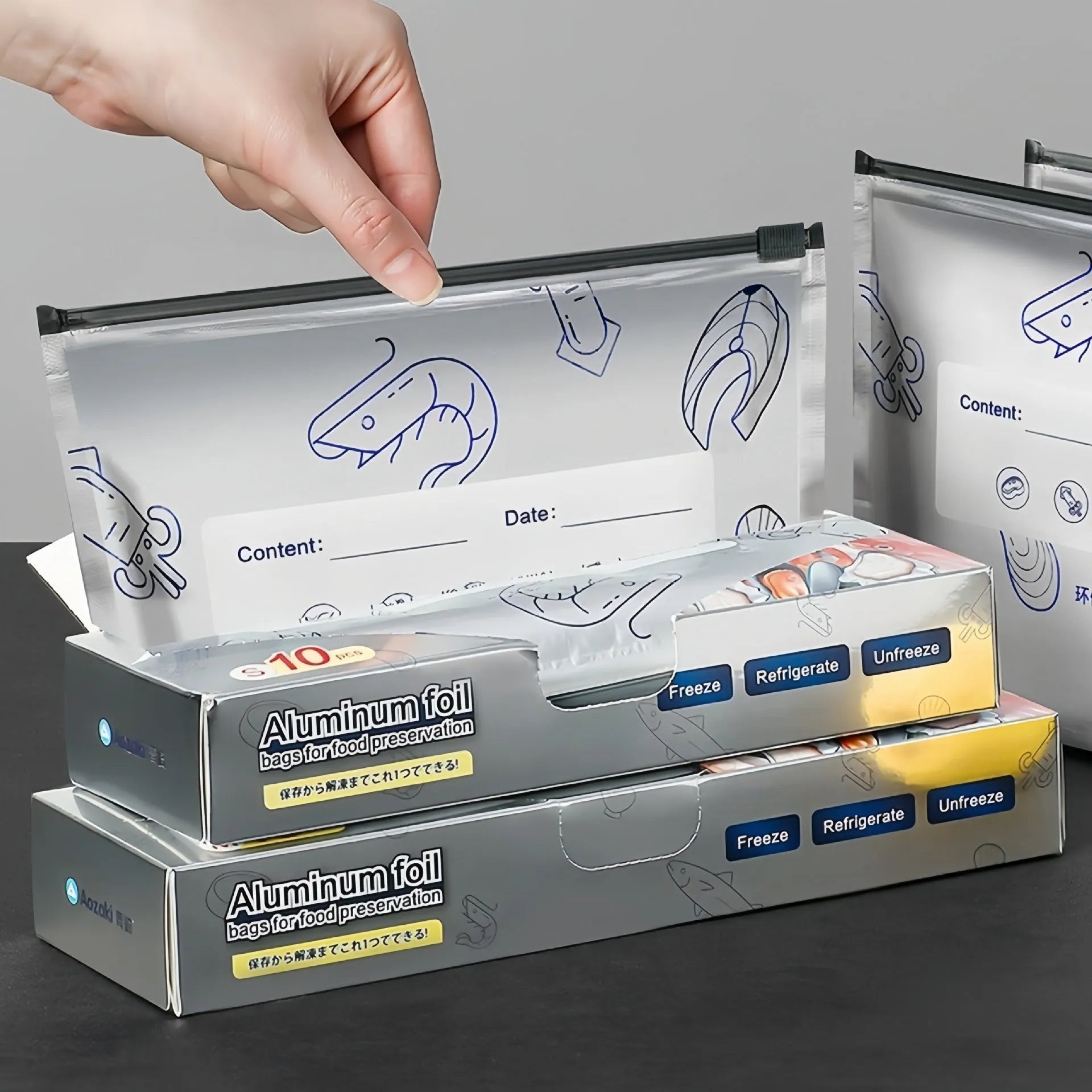 Aluminium foil resealable food storage bags in small, medium and large sizes