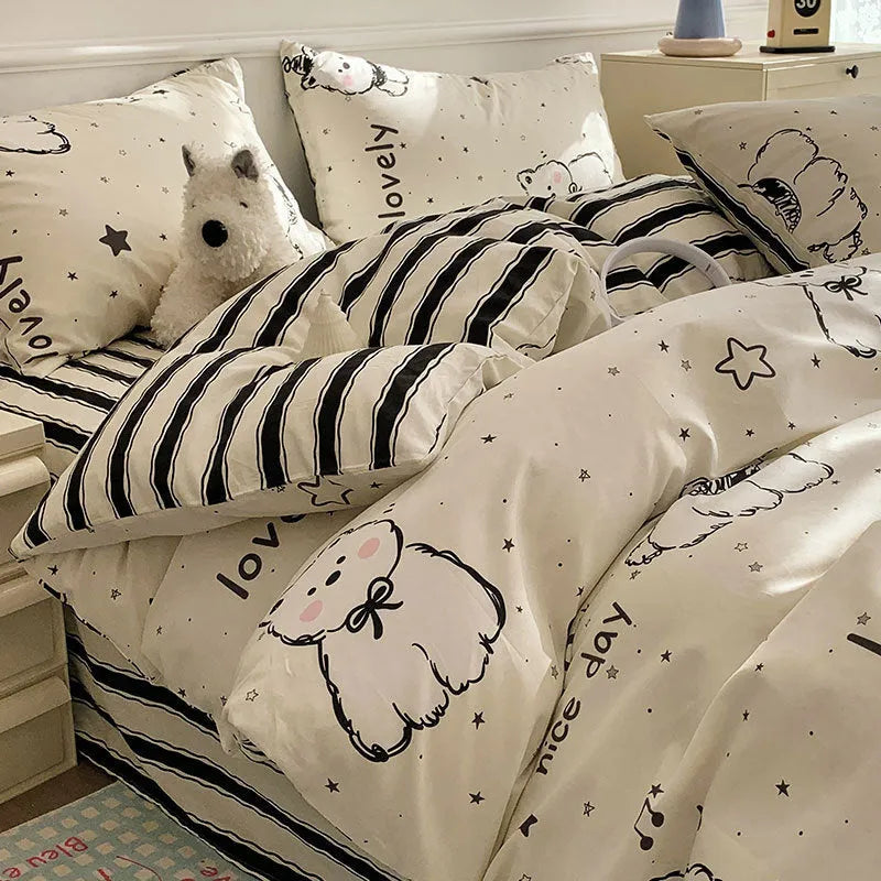Cartoon dog pattern on a pure cotton duvet cover and pillowcase from a four-piece bedding set.
