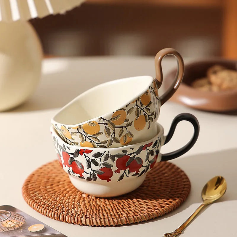 Antique style ceramic coffee cup and saucer set in black or orange, 210ml capacity.