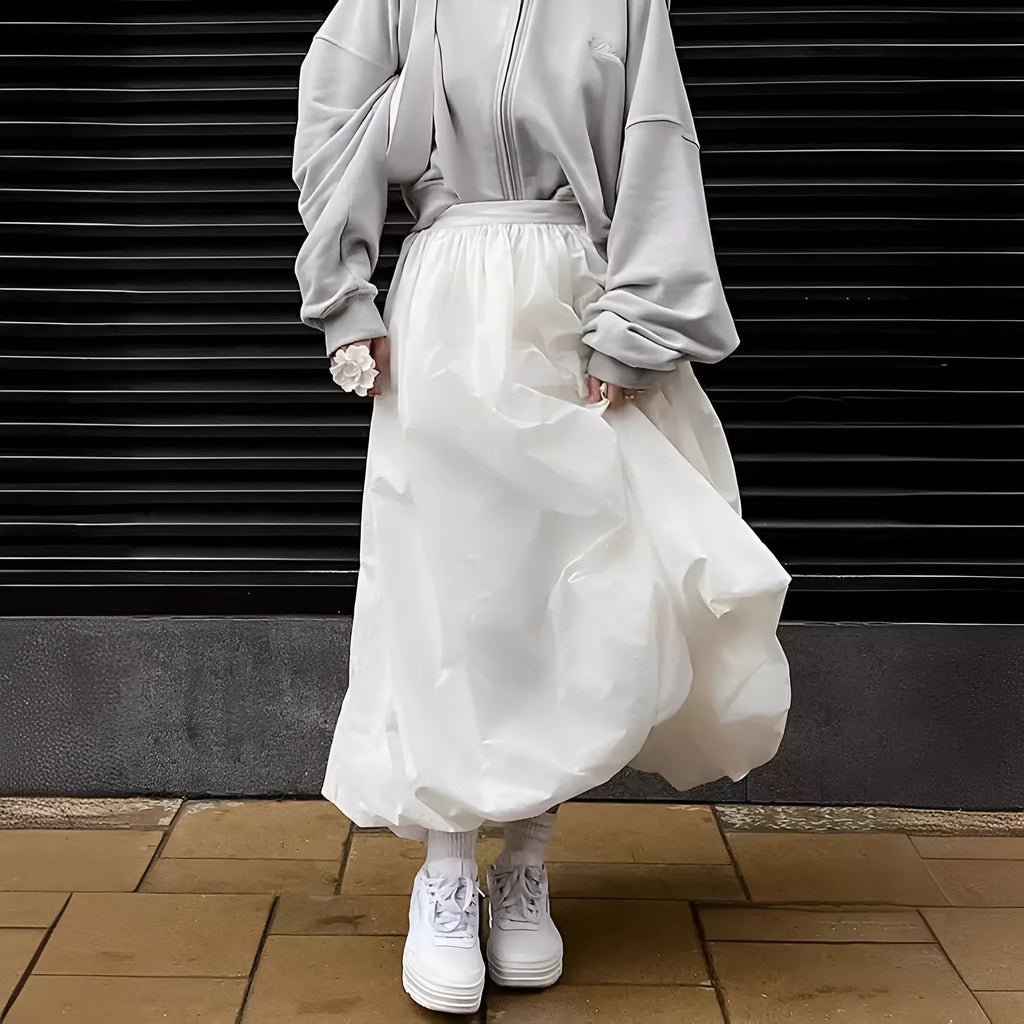 Women's solid colour cotton long skirt with elastic waistband in white or black options