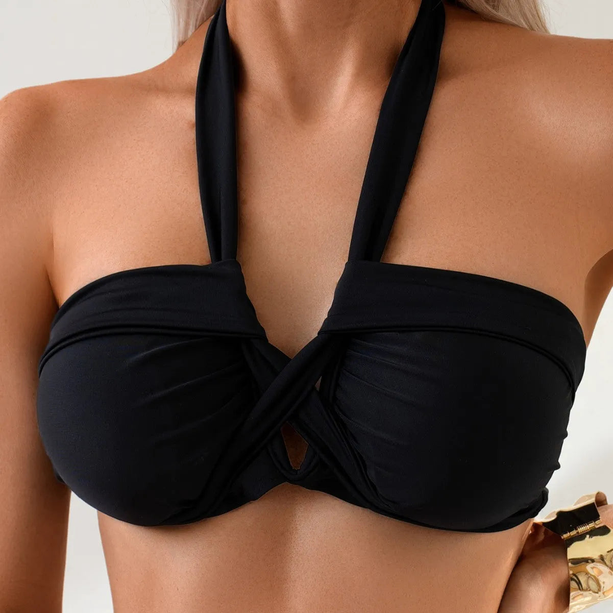 Black backless bikini briefs swimsuit made from polyester and spandex lining