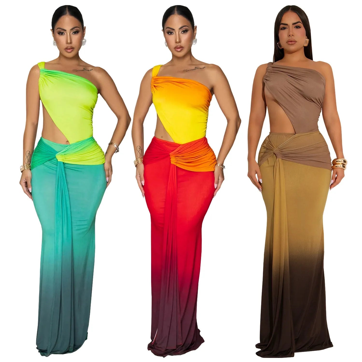 Long red gradient women's dress with cross-shoulder sleeveless neckline and high waist.