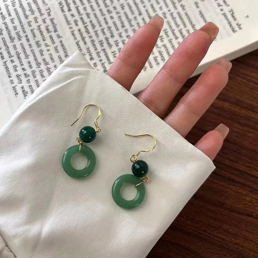 Green geometric peace buckle zinc alloy earrings with traditional Chinese design for Han clothing accessories