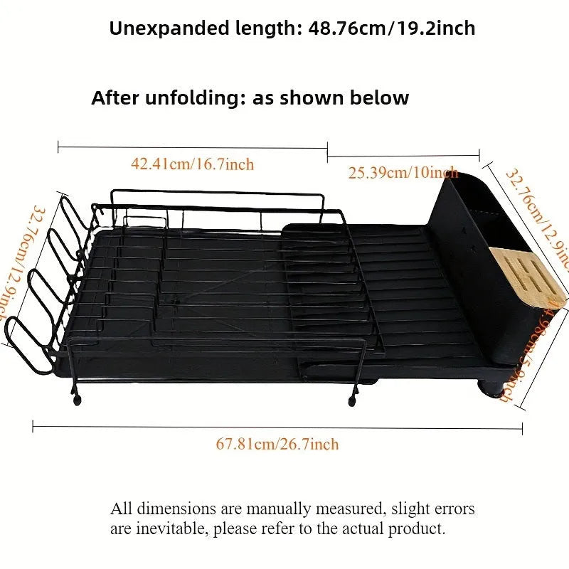 Retractable carbon steel kitchen dish drain rack holding cutlery and cups