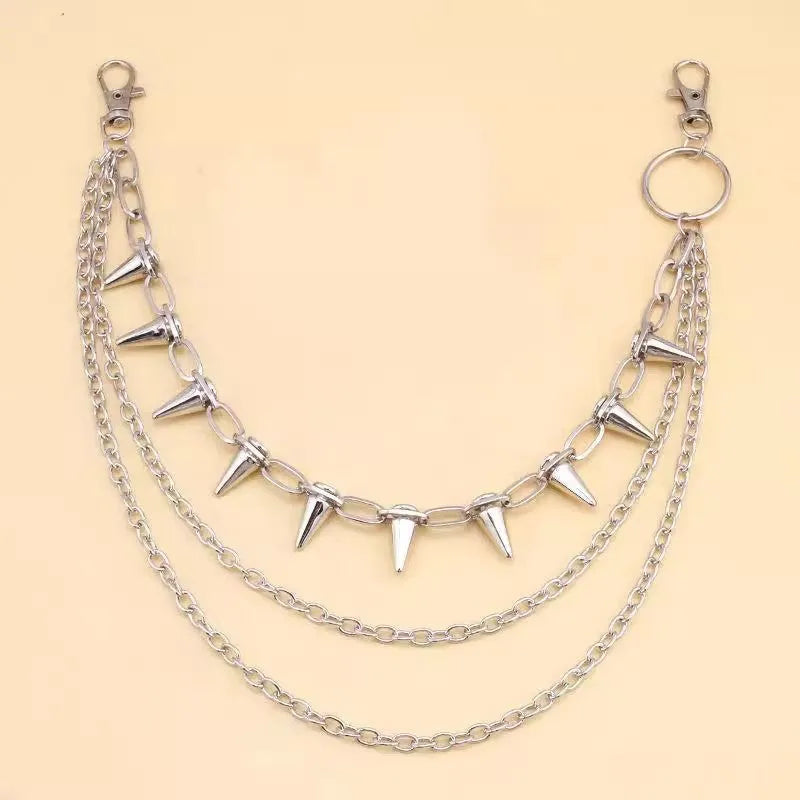 Silver metal waist chain with punk rivet decoration and zipper fastening, showing double layered construction