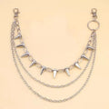 Silver metal waist chain with punk rivet decoration and zipper fastening, showing double layered construction
