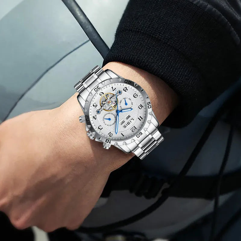 Men's silver stainless steel automatic perpetual calendar watch with sapphire crystal glass