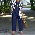 Women's casual three-piece suit set in a Japanese-Korean style, featuring a printed coat, vest, and trousers.