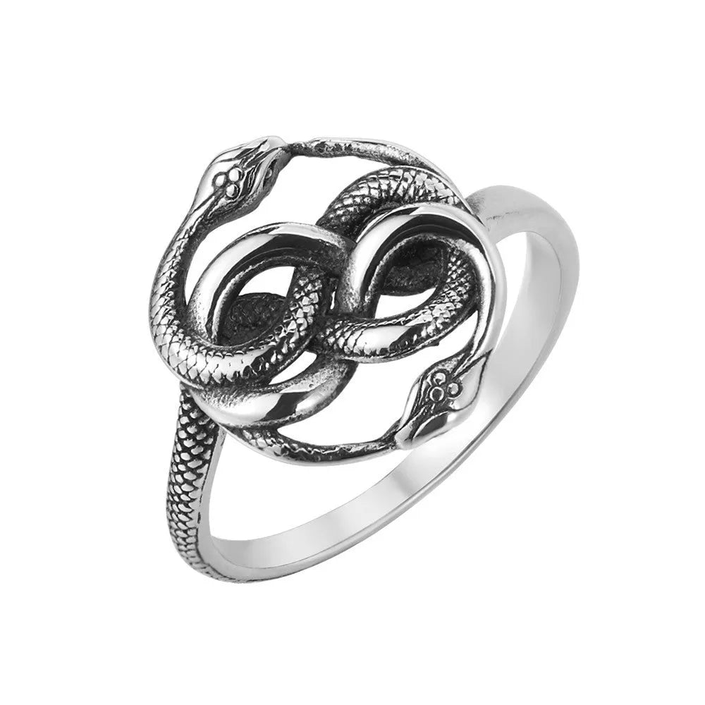 Close-up of a steel-coloured titanium steel ring featuring a detailed double snake design on a dark background.