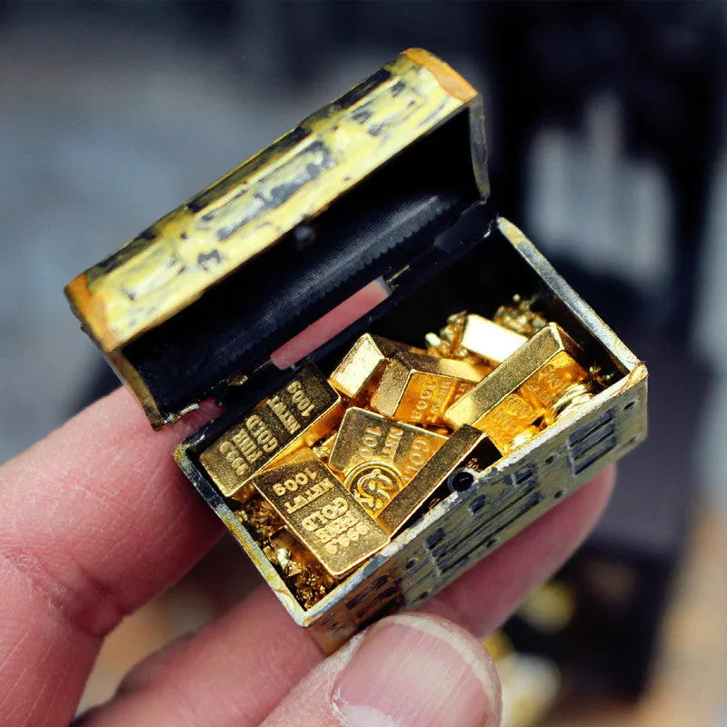Alloy gold coin and bar treasure chest miniature doll house accessory on display.