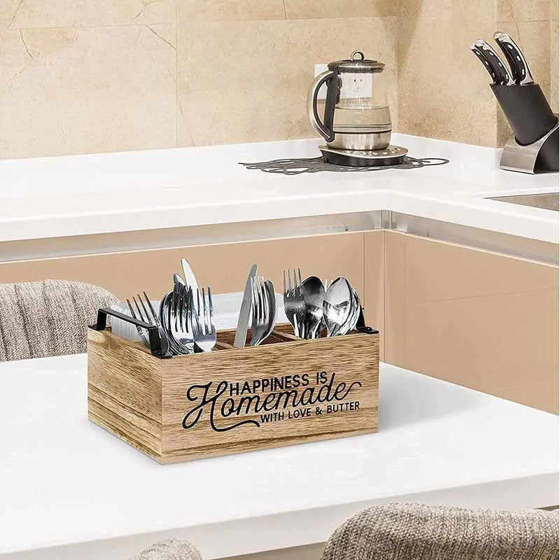 Natural wood coloured kitchen storage box with internal grid for organising cutlery.