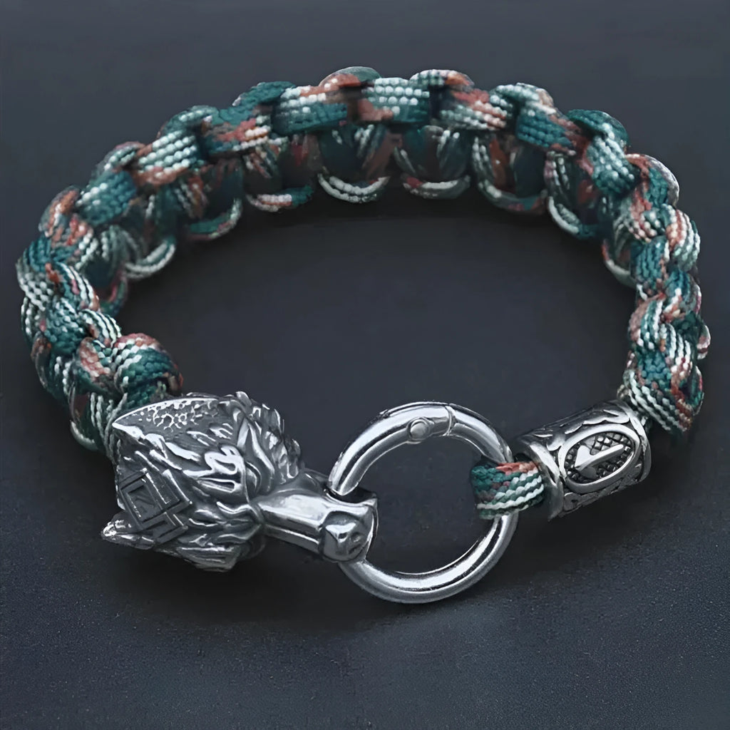 Handmade stainless steel wolf head bracelet with Chinese characters in camouflage colour