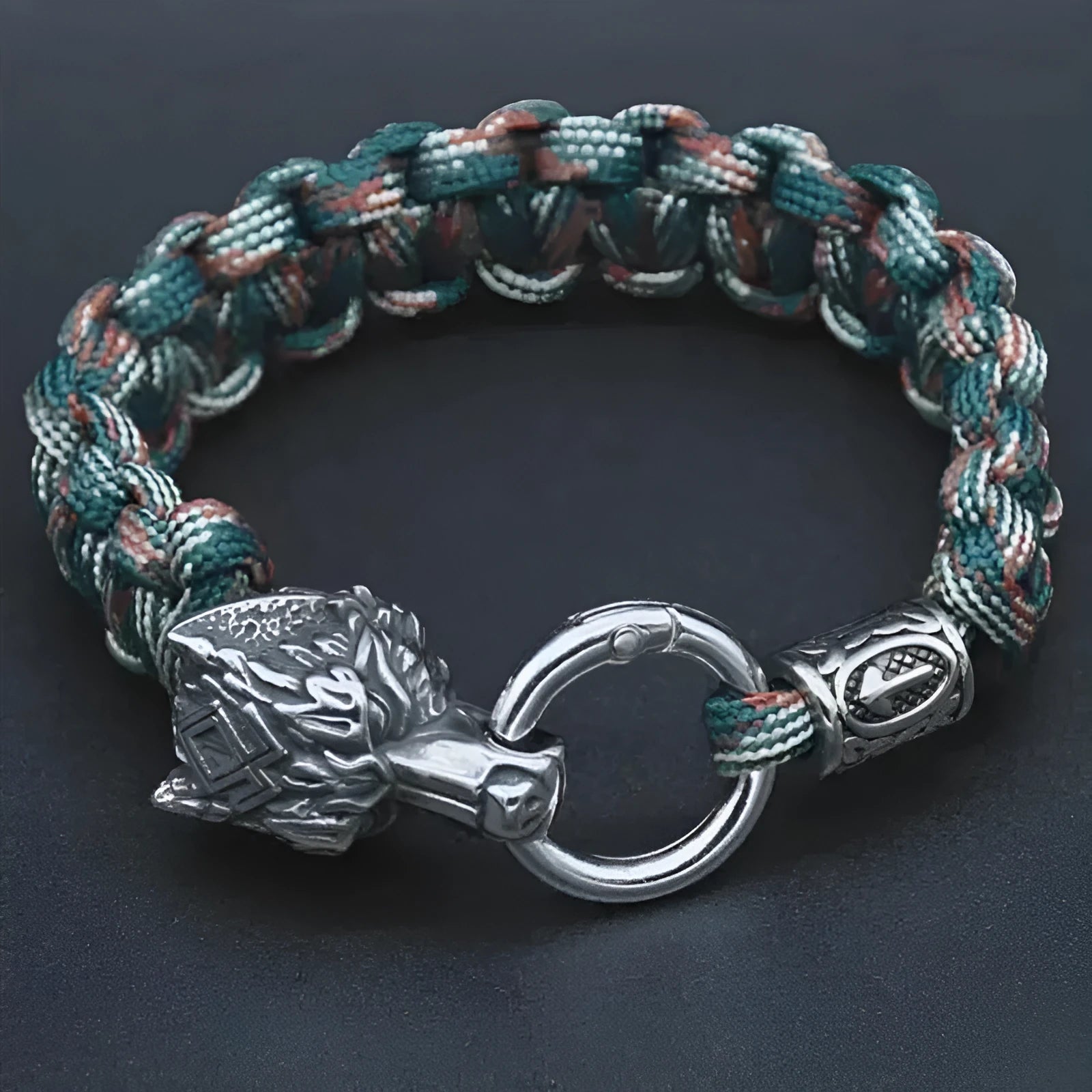 Handmade stainless steel wolf head bracelet with Chinese characters in camouflage colour