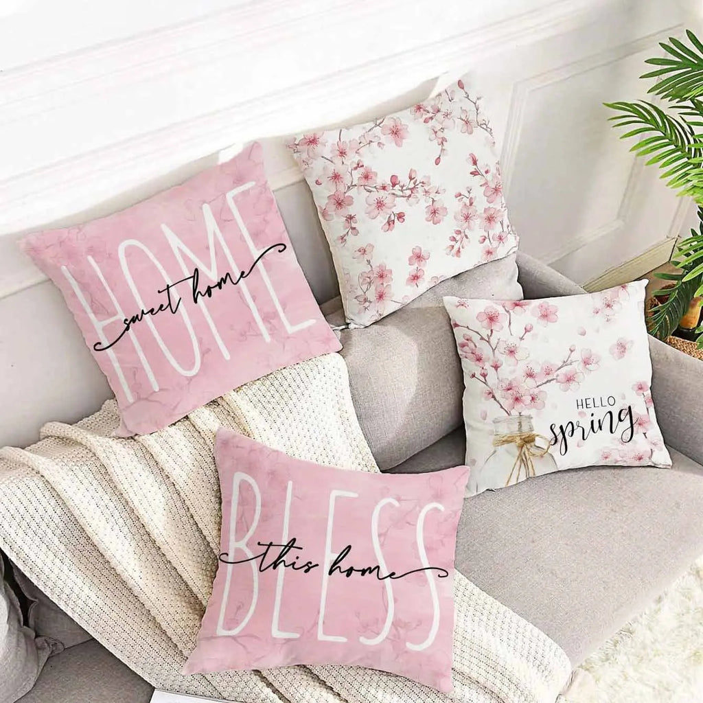 Square short velvet cushion cover with cherry blossom and letter print, 45cm size, shown in one of four HDRD192 colour options