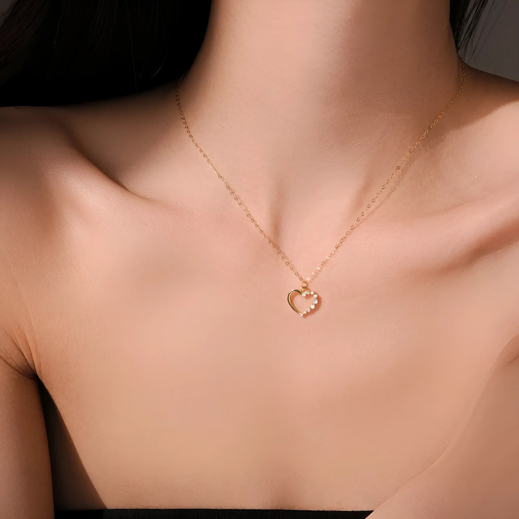 S925 sterling silver necklace with hollow heart pendant in gold or platinum colour finish