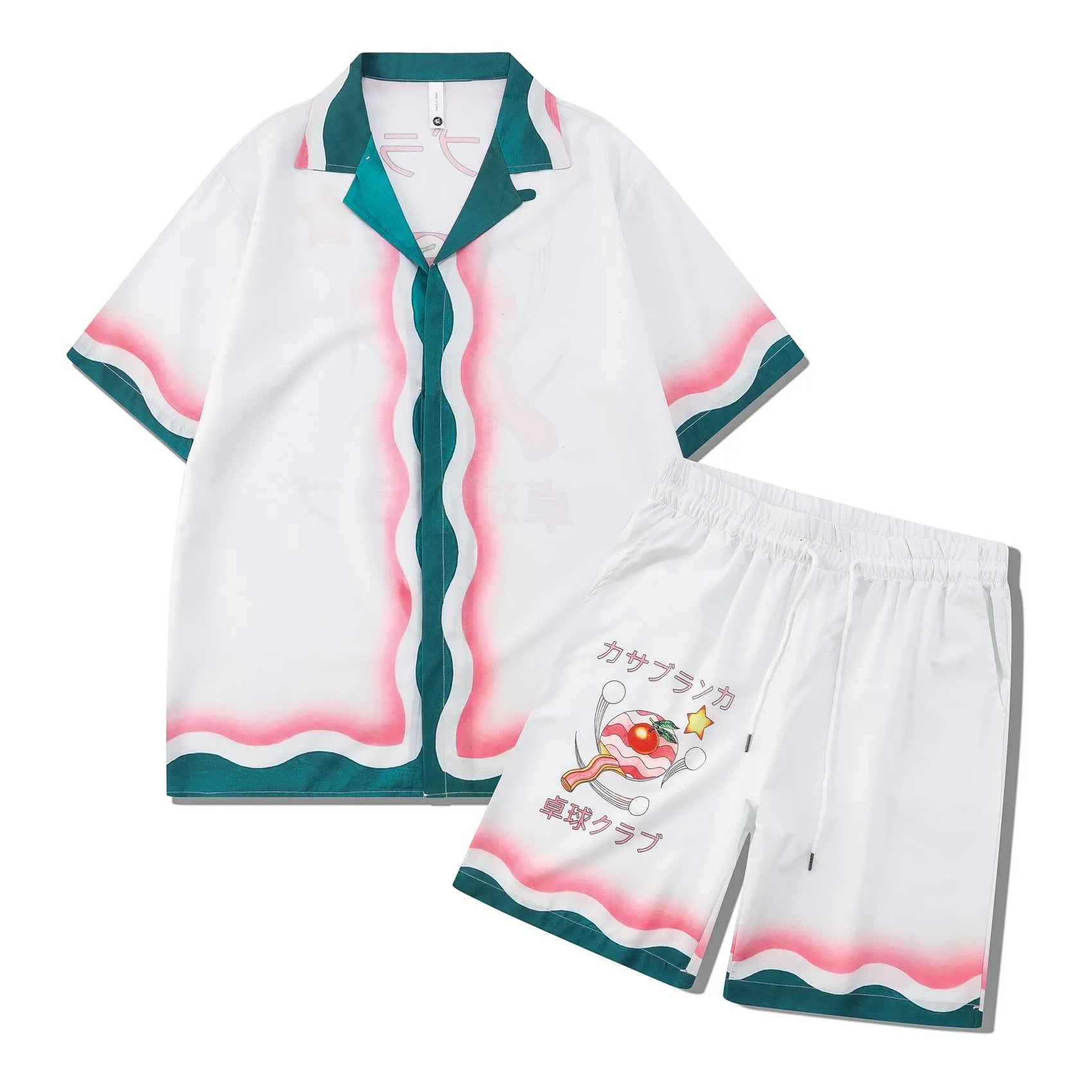 Men's plaid print beach outfit with short sleeve shirt and matching pants set