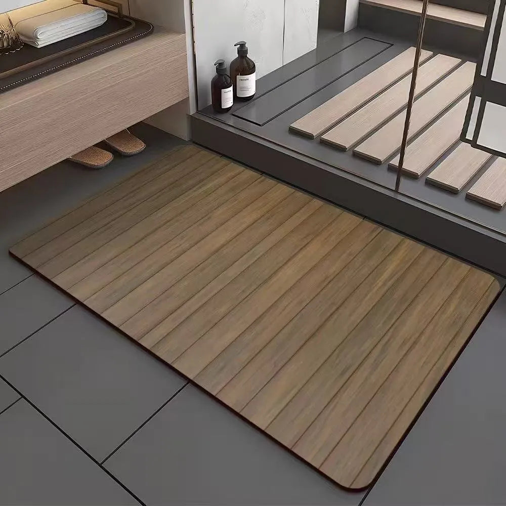 American style square diatom ooze floor mat with wood grain geometric pattern for bathroom use
