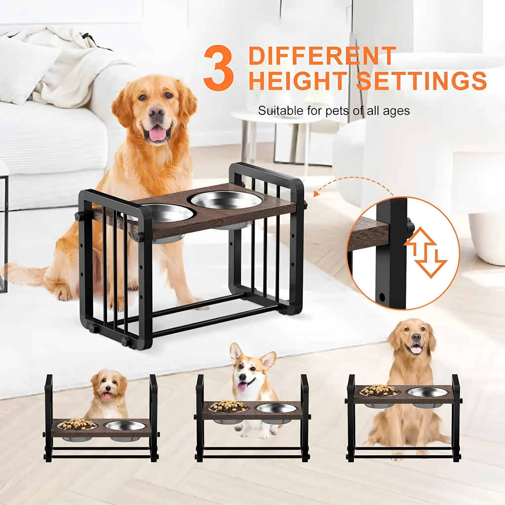 Black wooden dog bowl bracket on a floor holding food and water bowls