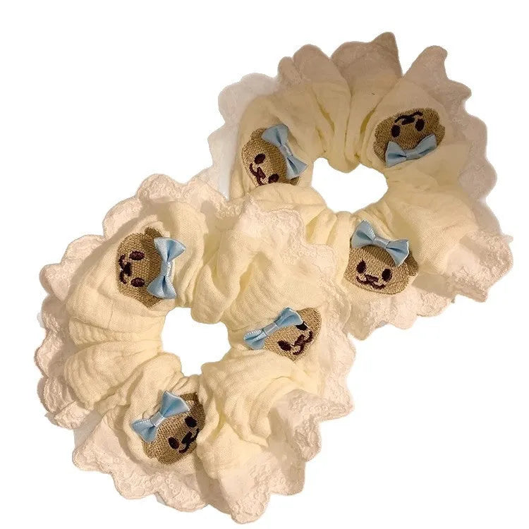 Bear blue bow lace elastic large intestine hair ring with cute bear motif on cloth material