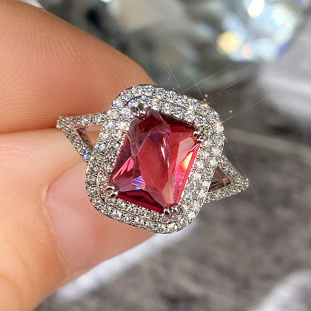Red geometric square copper women's ring with sparkling rhinestones.