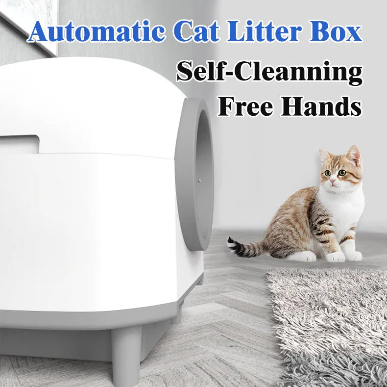 White automatic enclosed cat litter box with ABS plastic construction and self-cleaning mechanism