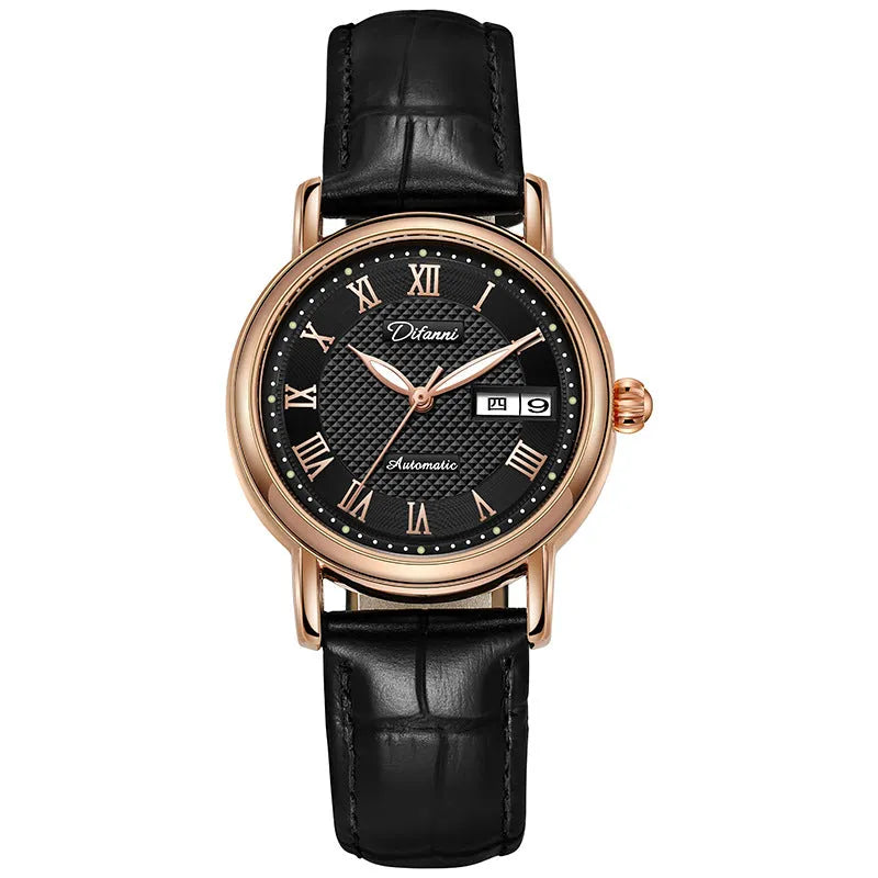 Women's automatic mechanical watch with 12mm case on steel belt and leather strap in various colours.