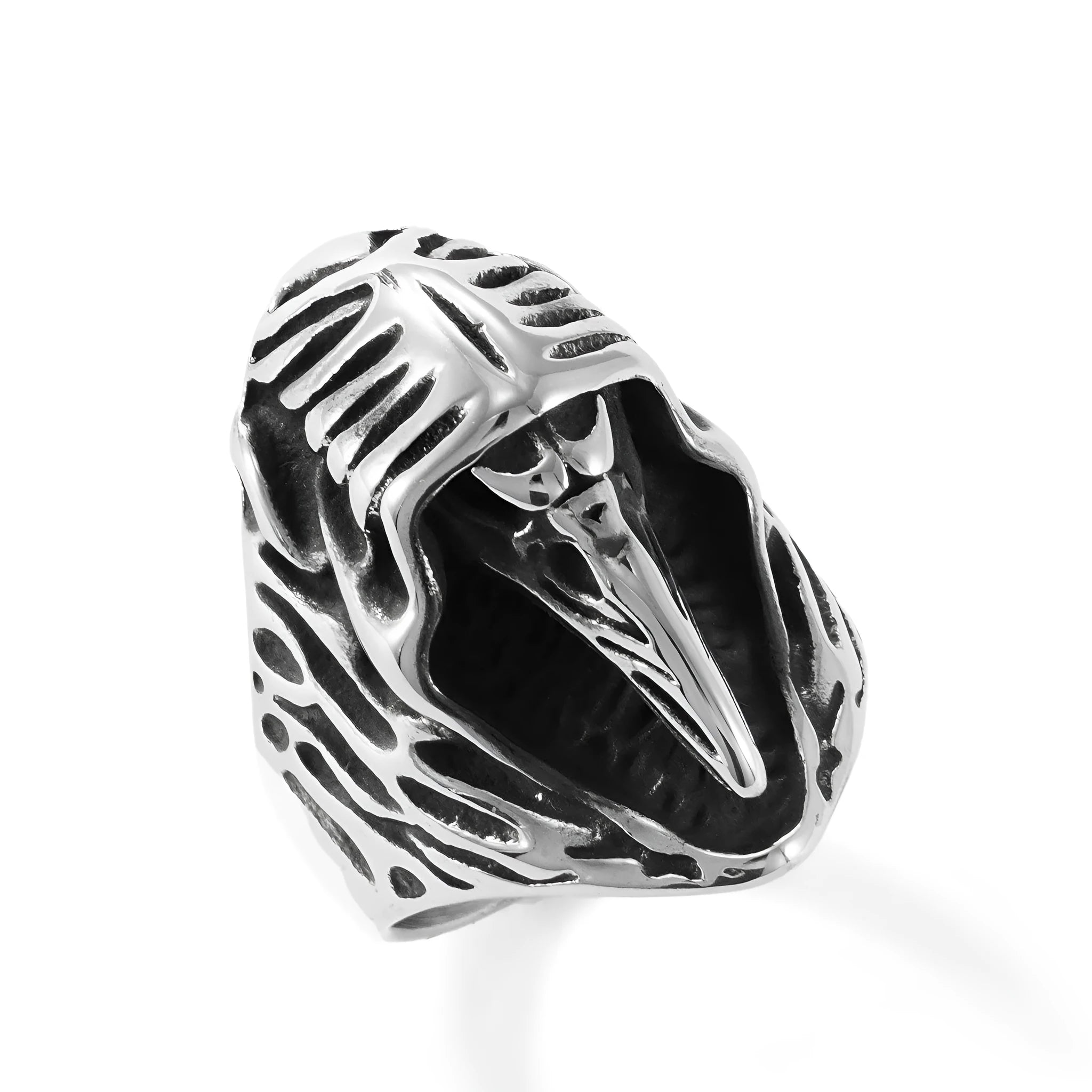 Titanium steel crow punk ring with geometric animal motif in MR166 colour