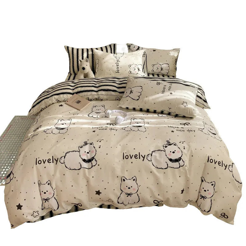 Cartoon dog pattern on a pure cotton duvet cover and pillowcase from a four-piece bedding set.