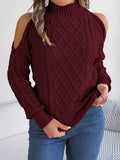 Women's strapless twist pattern sweater with lantern sleeves in wine red colour