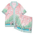 Men's plaid print beach outfit with short sleeve shirt and matching pants set