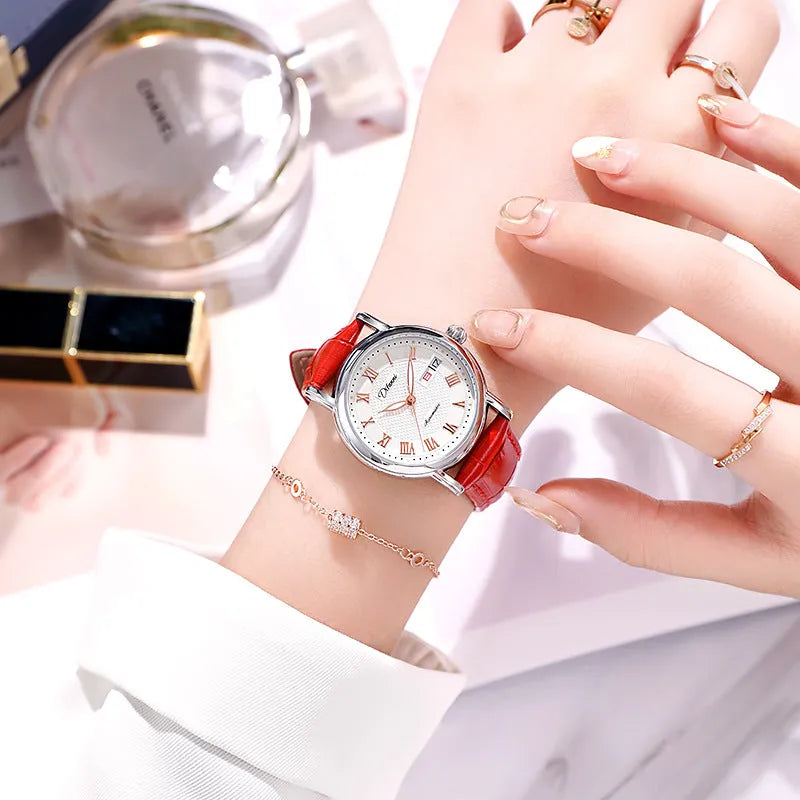Women's automatic mechanical watch with 12mm case on steel belt and leather strap in various colours.