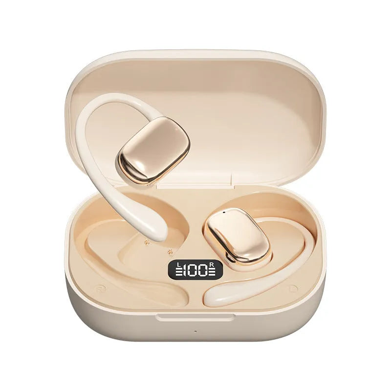 Wireless ear-mounted headphones with digital display screen shown in black, white, and skin colour options.