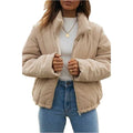 Apricot coloured women's corduroy jacket with a stand collar and zip-up front.