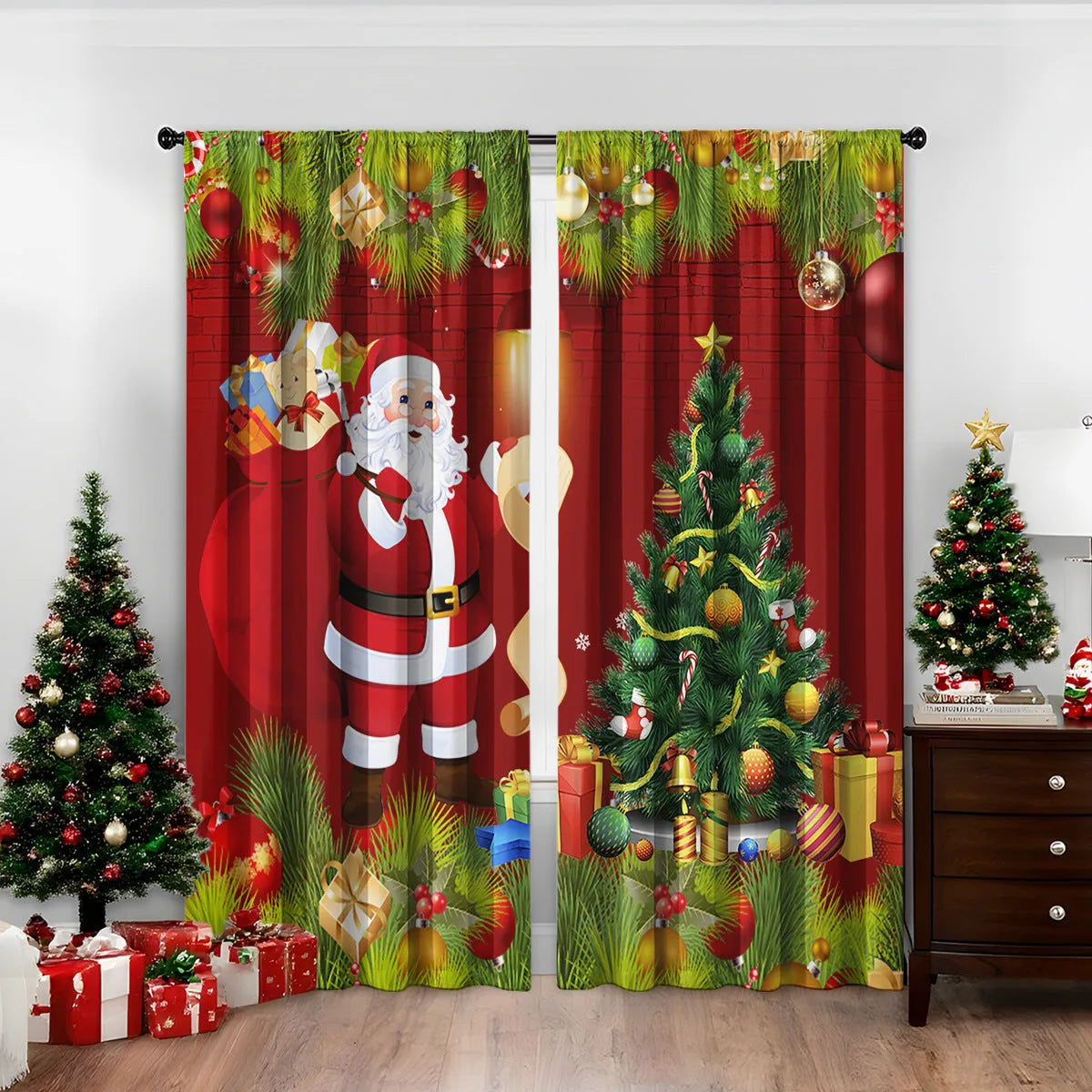 Pair of 3D digitally printed Christmas curtains in a modern design, made from polyester fabric.