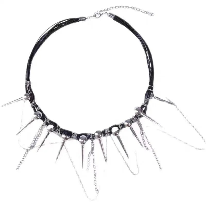 Women's casual leather necklace with electroplated rivets and winding round beads in picture colour.