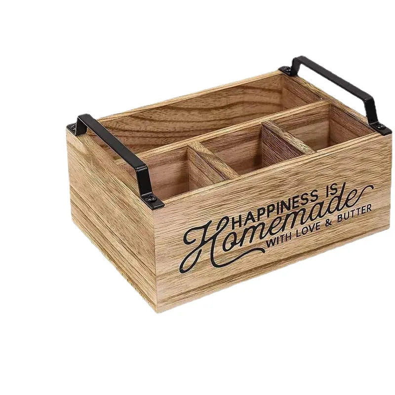 Natural wood coloured kitchen storage box with internal grid for organising cutlery.
