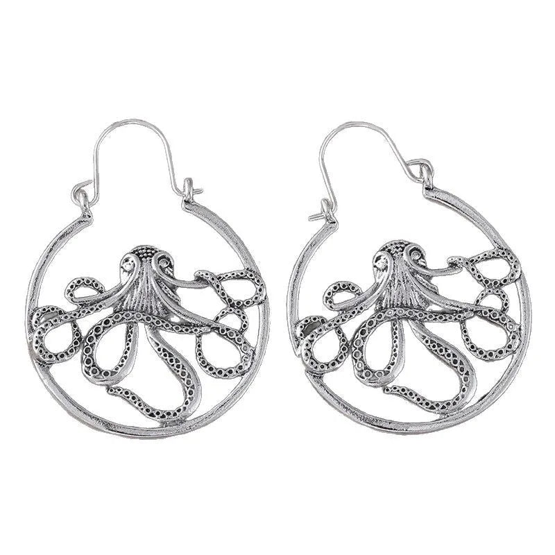 Vintage octopus earrings in antique silver finish with retro animal design