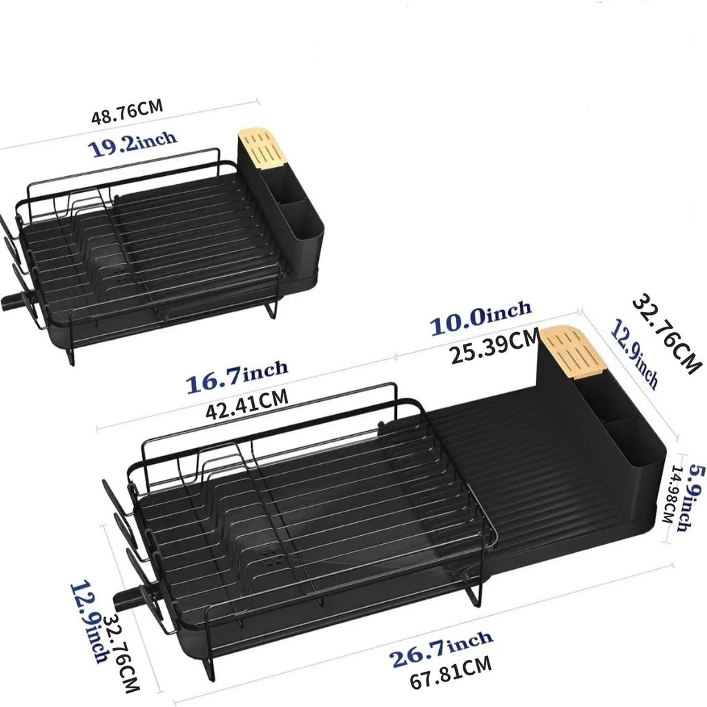 Retractable carbon steel kitchen dish drain rack holding cutlery and cups