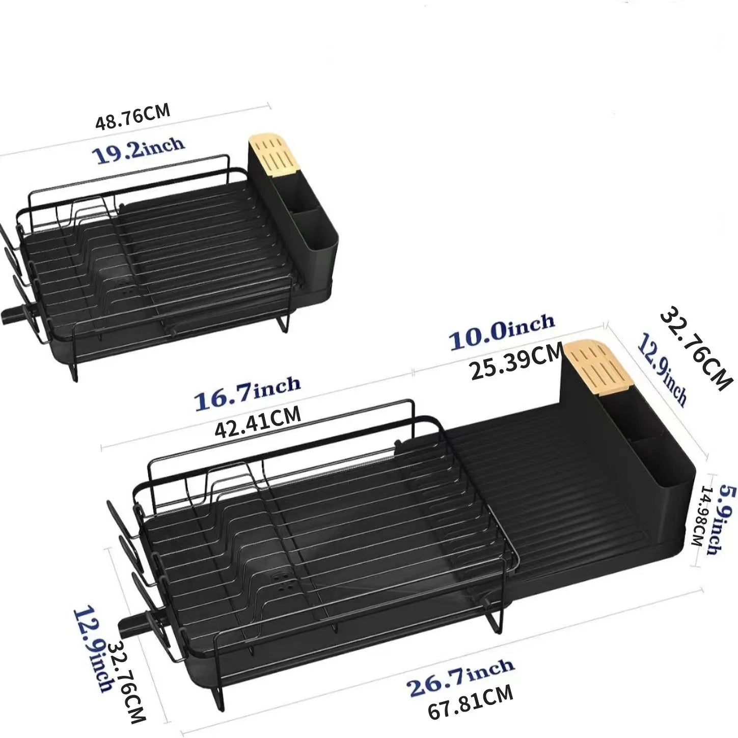 Retractable carbon steel kitchen dish drain rack holding cutlery and cups