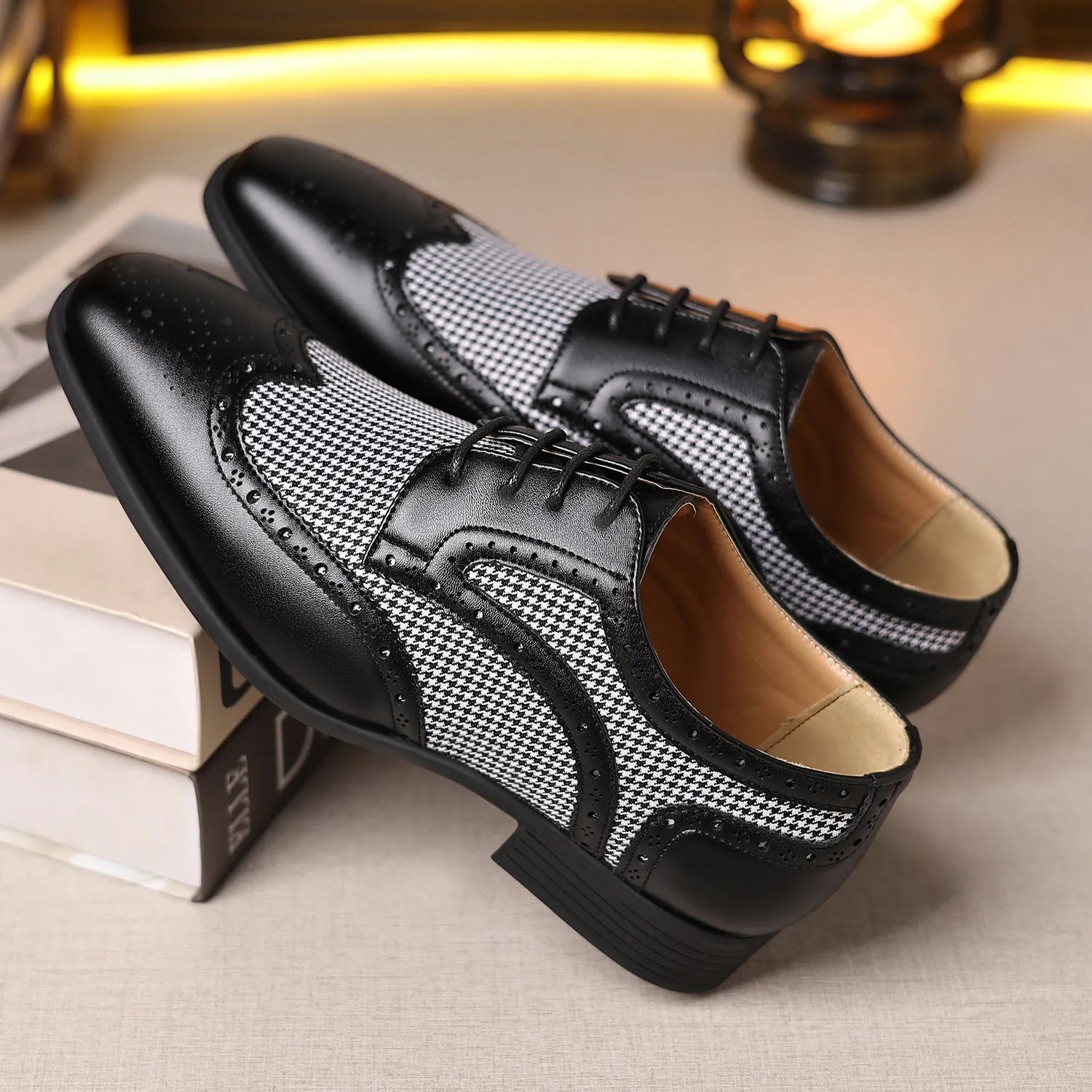 Men's black houndstooth plaid casual lace-up shoes with a square toe and rubber sole.