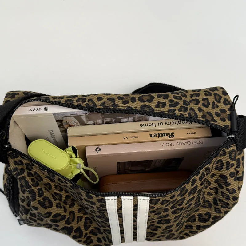 Large capacity leopard print sports messenger bag with cross-body strap