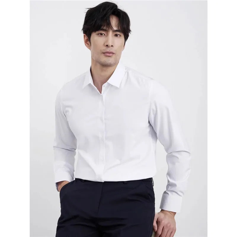 Wine red men's slim-fit long sleeve shirt with cardigan style, on a hanger.