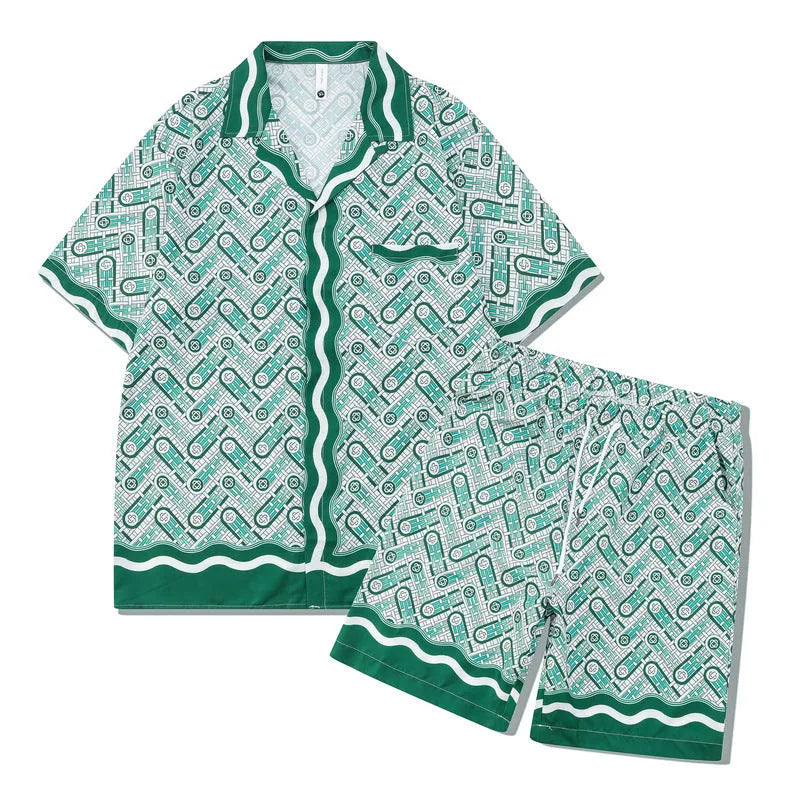 Men's plaid print beach outfit with short sleeve shirt and matching pants set