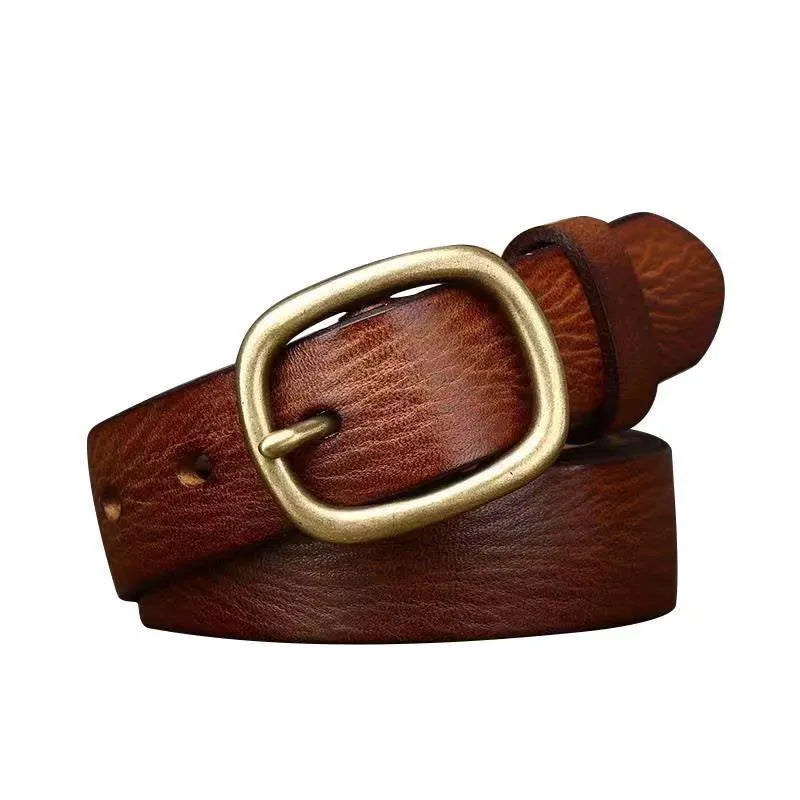 Handmade vintage-style women's leather belt with copper buckle in brown.