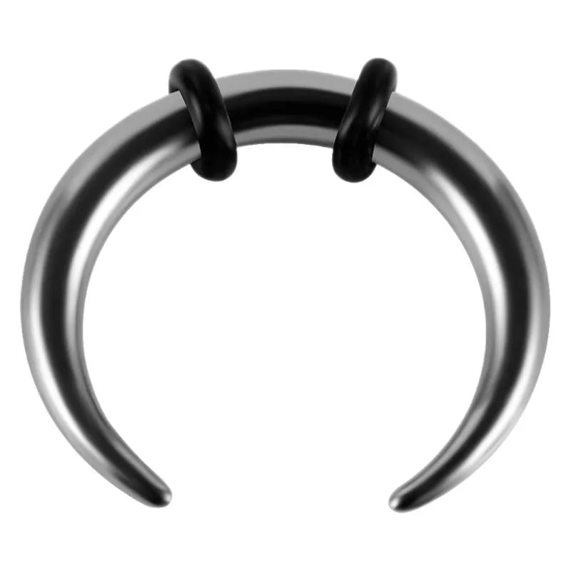 Close-up of a C-shaped buffalo horn style nose ring made from 316L stainless steel, showing steel colour and black finish options.