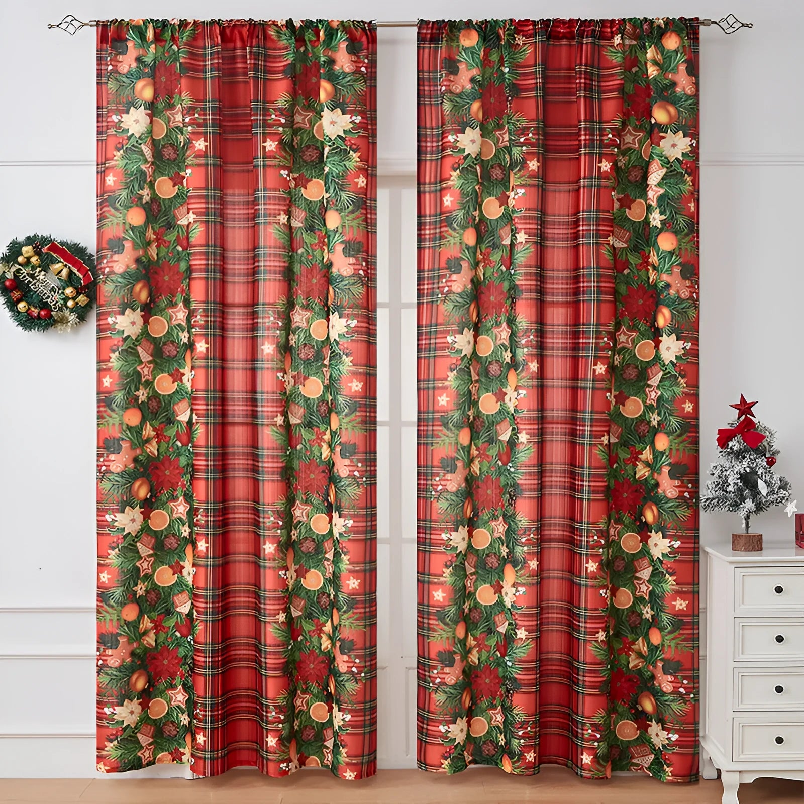Rectangular red and blue Christmas printed curtain with semi-shade function.
