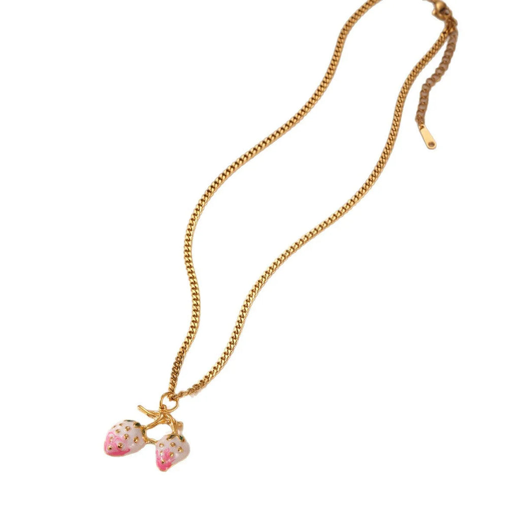 Stainless steel strawberry pendant necklace on an alloy chain in red or white powder gradient.